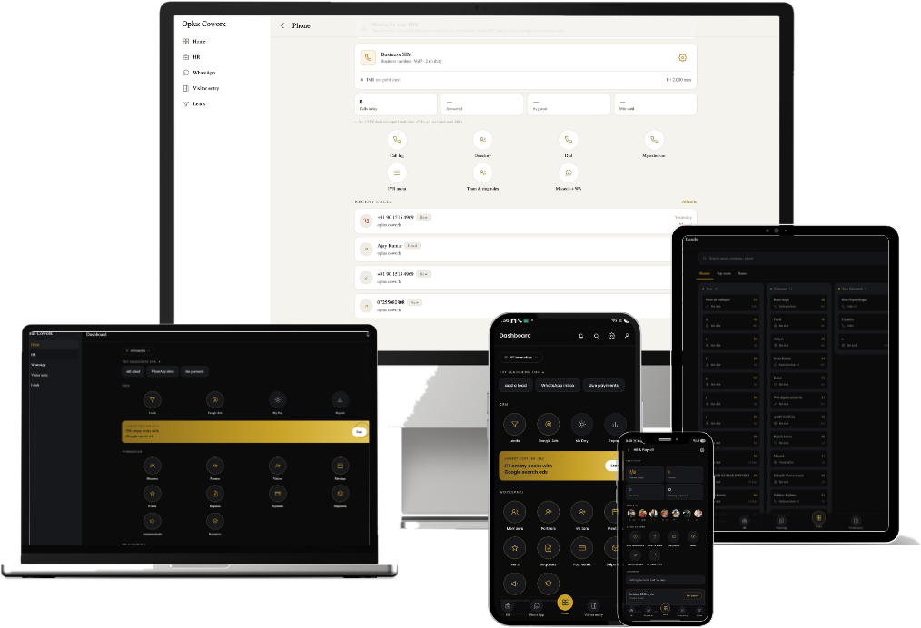 CoWorkRM across devices — desktop phone module, laptop dashboard, WhatsApp broadcasts on mobile, member app and tablet reports