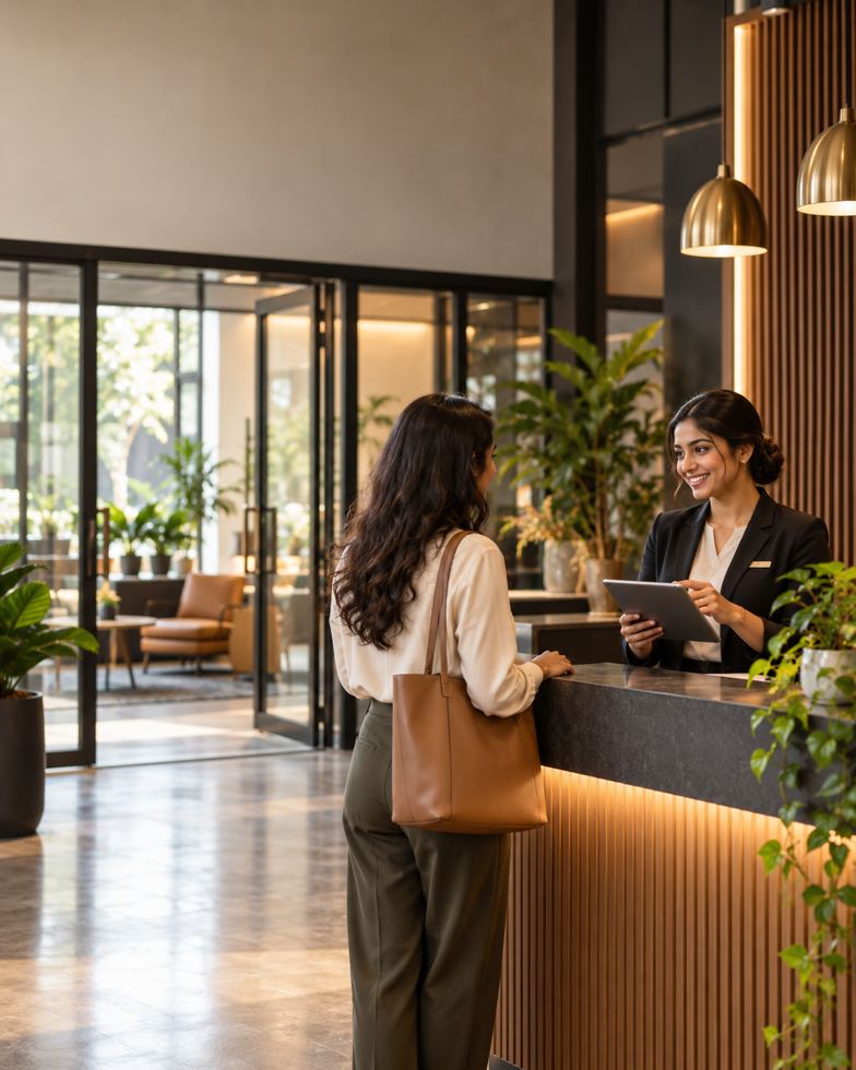 A front-desk manager checking a visitor in on a tablet