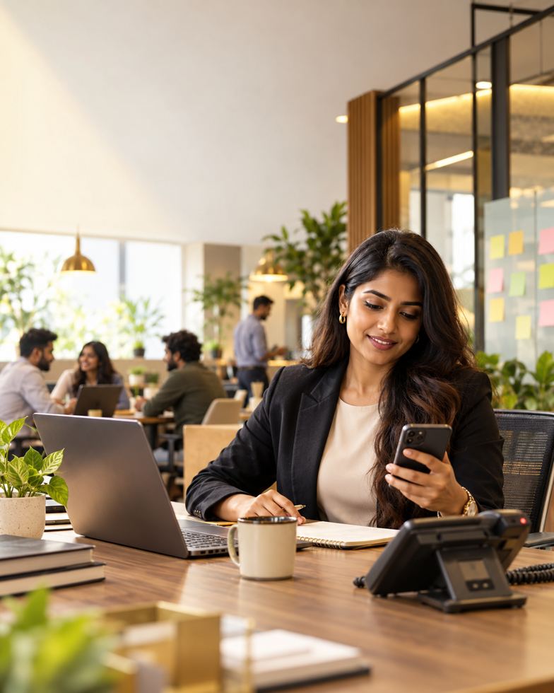A community manager working leads on her phone at the front desk