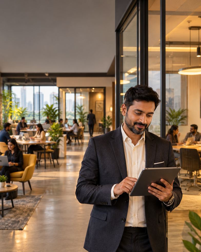 A coworking operator reviewing his space on a tablet, members working behind him